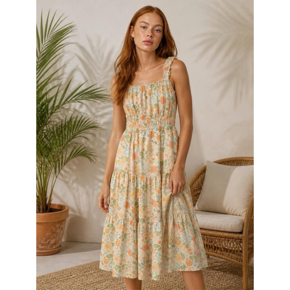 New Sadie and Sloane Floral Midi Dress Square Neck Smocked Boho Small